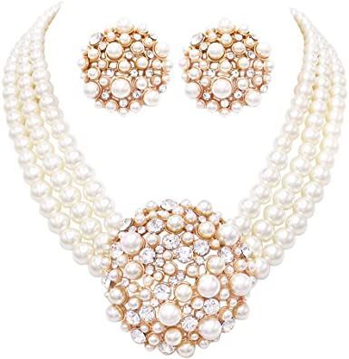 Rosemarie & Jubalee Women's Unique Circular Design Crystal Rhinestone And Simulated Three Strand Pearl Necklace Earrings Bridal Jewelry Set , 14"+3" Extender Three Strand Pearl Necklace, Dripping In Diamonds, Pearl Cluster Earrings, Pearl Jewelry Set, Pearl Strand, Bridal Jewelry Set, Pearl Necklace Earrings, Silver Jewelry Necklace, Women's Jewelry Sets