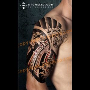 Japanese Polynesian Mix Tattoo, Samurai Tattoo Sleeve, Japanese Leg Tattoo, Tattoo Samples, Polynesian Tattoos, Polynesian Tattoo Designs, Mens Shoulder Tattoo, Chinese Tattoo, Digital Mockup