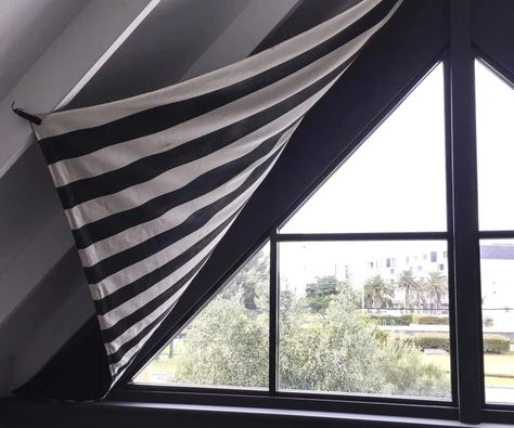 Apex Window Curtains, Triangle Windows, Desk Under Stairs, Apex Window, Triangle Window, Cottage Loft, Classic Curtains, Storage Shed Organization, Cosy Flat