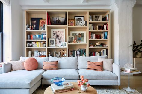 Small Living Room Sectional, Cozy Family Home, Custom Floating Shelves, Leather Side Chair, Interior Renovation, Home Center, Loft Design, Loft Apartment, Living Room Sectional