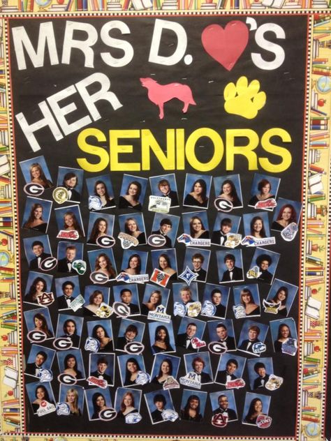 High School bulletin board idea...Seniors with their college acceptances! Senior Classroom Decor Ideas, Unique Bulletin Board Ideas, College App, School Counseling Bulletin Boards, College Advising, Quotes Learning, High School Bulletin Boards, College Bulletin Boards, Montessori Mobile