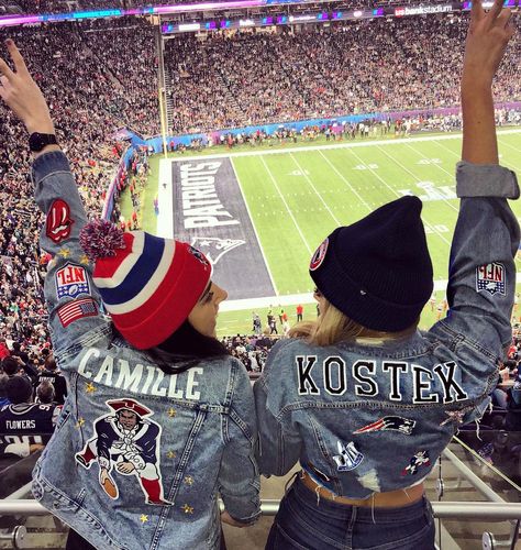 Camille Kostek (@camillekostek) posted on Instagram: “she literally completes me 👯‍♀️ find a bestie who doubles as your biggest hype girl 🕺🏼 tag a friend who’d wear your name on their back 👊…” • Feb 6, 2018 at 2:32am UTC Football Season Outfits, Jean Jacket Ideas, Camille Kostek, Rainy Day Dress Outfit, Jean Jacket Diy, Football Girlfriend, Patriots Game, Diy Denim Jacket, Jacket Patches