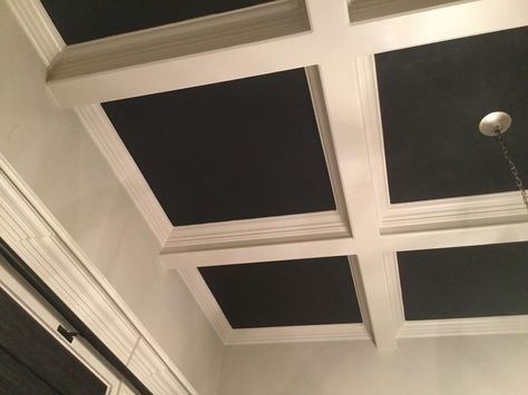 Coffered ceiling help! Coffered Ceiling Wallpaper, Coffered Ceiling Paint Ideas, Black Tray Ceiling, Coffered Ceiling Paint, Painted Coffered Ceiling, Entryway Ceiling, Coffer Ceiling, Ceiling Painting, Tray Ceiling