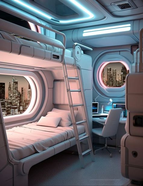 Spaceship Interior Design Concept Art, Futuristic Room Aesthetic, Spaceship Interior Bedrooms, Sci Fi Apartment, Sci Fi Bedroom, Spaceship Room, Sci Fi House, House 2 Bedroom, Scifi Room