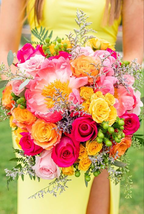 Pink And Yellow Prom Bouquet, Colorful Prom Bouquet, Pink And Yellow Flowers, Hoco Flowers, Prom Bouquet Ideas, Prom Flowers Bouquet, Bright Wedding Bouquet, Yellow Bridal Bouquets, Prom Bouquet