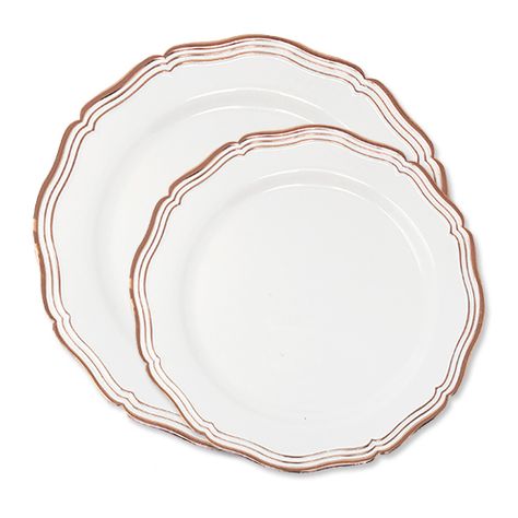 Aristocrat White with Rose Gold Trim Plastic Plate Set 75 Birthday, Rose Gold Rims, Gold Plastic Plates, Plastic Party Plates, Marble Square, Wedding Tableware, Gold Inspiration, Rose Gold Plate, Plastic Forks