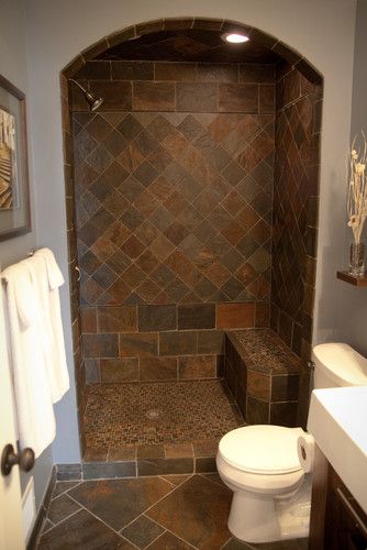 Custom Slate Bathroom contemporary Prefab Vanity, Slate Bathroom, Slate Shower, Plank Tiles, Bathroom Contemporary, Shower Style, Cabin Bathrooms, Rustic Bathroom Designs, Master Bath Ideas