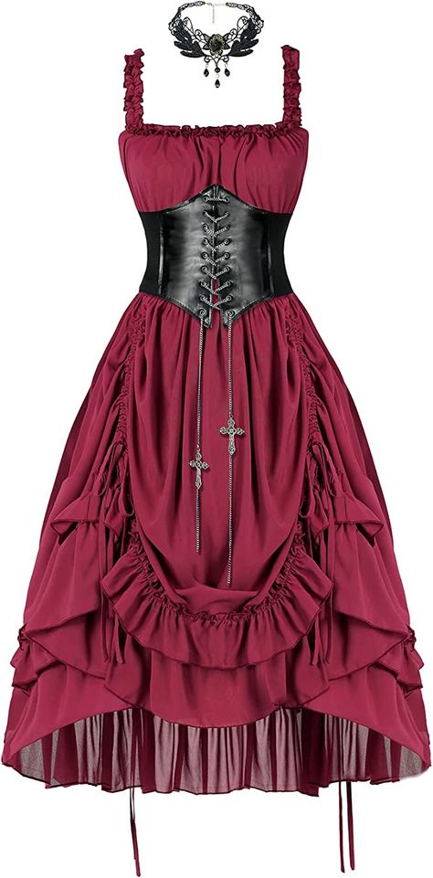 Amazon.com: ZZEQYG Women's Solid Fashion Elegant Dress Drawstring Ruffle Sleeveless Dress Victorian Renaissance Dres（L,Red with Belt） : Clothing, Shoes & Jewelry Pirate Prom Dress, Long Dress With Ruffles, Red Dress Corset, Red Dress With Corset, Red Victorian Outfit, Red Steampunk Corset Dress For Costume Party, Red Pirate Outfit, Red Victorian Dress Aesthetic, Red Pirate Dress