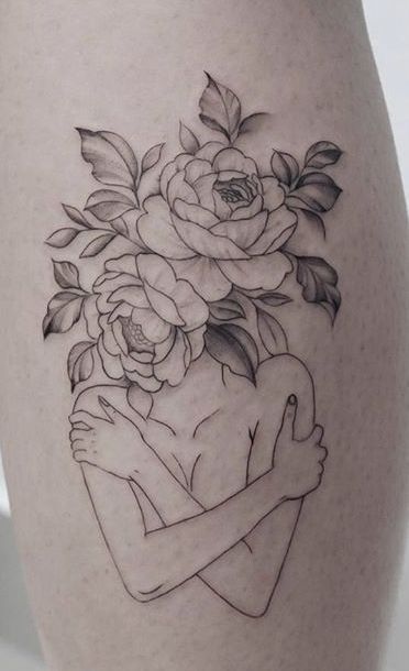 Lady Flower Head Tattoo, Women Silouhette Tattoos, Flowers Out Of Head Tattoo, Flowers Growing Out Of Body Drawing, Women With Flowers Tattoo, Lady Flower Tattoo, Flower Lady Tattoo, Red Dragon Tattoo, Empowering Tattoos