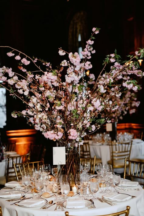 Cherry blossom wedding centerpiece at indoor NYC reception at The University Club New York City. Brought to life by Florist- Putnam & Putnam, Planner- Melissa McNeeley and Photographer- Lev Kuperman Photography. Cherry Blossom Centerpieces, Cherry Blossom Wedding Centerpieces, Cherry Blossom Arrangement, Cherry Blossom Wedding Decor, Cherry Blossom Centerpiece, Cherry Blossom Wedding Theme, Cherry Blossom Decor, Sakura Wedding, Cherry Blossom Theme