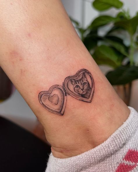 Cat In Heart Tattoo, Tattoo Ideas For Your Cat, Animals With Hearts Tattoo, Cat Heart Locket Tattoo, Cat Tattoo Heart, Memorial Tattoo For Cat, Cute Tattoos Cat, Tattoo Of Cat, Custom Cat Tattoo