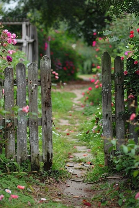 Fence And Gate Ideas, Garden Fence And Gate, Old Garden Gates, Bamboo Garden Fences, Fence And Gate, Wooden Garden Gate, Garden Archway, Garden Fence Ideas, Country Fences