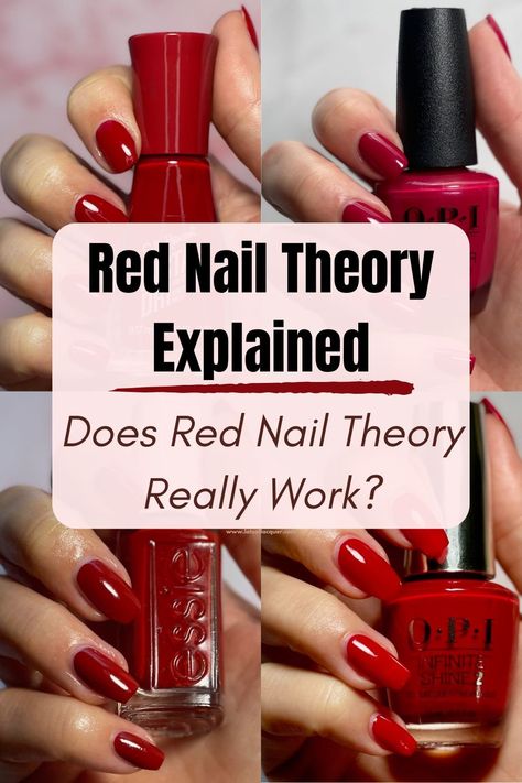 Red Nail Theory Explained: Does Red Nail Theory Really Work? Text overlay swatches of 4 red nail polish colors Red Nails Solid Color, Vintage Red Nails Retro, Red Nail Polish For Fair Skin, Shades Of Red Nail Polish, Best Red Gel Nail Polish, Perfect Red Nail Polish, What Is The Red Nail Theory, Vintage Nail Colors, Rich Red Nails