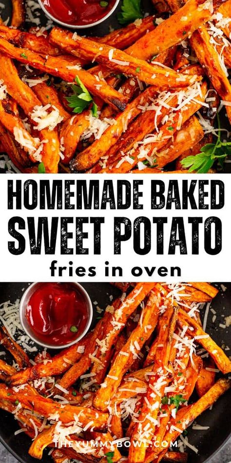 Treat yourself to the deliciousness of these oven-baked Sweet Potato Fries. They're perfectly seasoned, baked until they're wonderfully golden crispy, and finished off with a sprinkle of Parmesan cheese – a truly delightful snack! Plus baking fries in the oven is a healthier alternative to regular French fries. Baked Sweet Potato Fries Oven, Garlic Parmesan Sweet Potato Fries, Sweet Potato Fries In Oven, Baked Sweet Potatoes In The Oven, Sweet Potato Fries Oven, Parmesan Sweet Potato Fries, Sweet Potato Fries Seasoning, Oven Baked Sweet Potato Fries, Potatoes Dishes