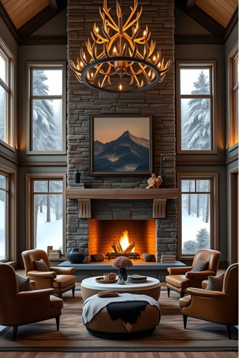 Inviting rustic living room featuring neutral sectional and vibrant accents Lodge Decor Living Room, Modern Lodge Decor, Rustic Living Room Colors, Mountain Living Room, Rustic Living Room Ideas, Mountain Chic, Mountain Interiors, Modern Lodge, Living Room Center