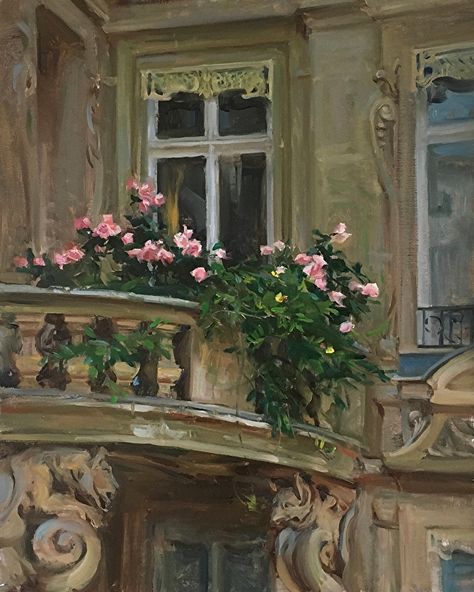 Old Money Painting Ideas, Ma As A Painting, Oil Painting Widget, Pretty Oil Paintings, France Oil Painting, Painting Ideas On Canvas Oil Paint, Balcony Drawing Reference, Art Oil Paintings Aesthetic, Balcony Painting Ideas