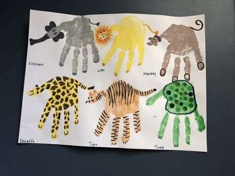 Handprint animals!  Elephant, leopard, tigers, and more!  Great crafts for toddlers, babies, and preschoolers.  Memorable 1 year old art. Handprint Animals, Jungle Crafts, Zoo Crafts, Zoo Animal Crafts, Zoo Art, Crafts For Toddlers, Art Activities For Toddlers, Baby Art Projects, Toddler Art Projects