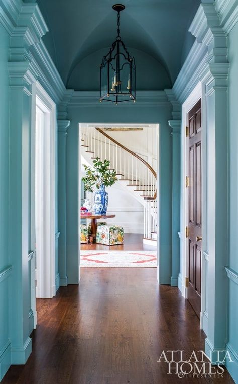 Creating an Ancestral Country Estate - The Glam Pad Long Narrow Hallway, Blue Hallway, Georgia Homes, Foyer Decorating, Coastal Living Rooms, Atlanta Homes, Narrow Hallway, White Rooms, Design Del Prodotto