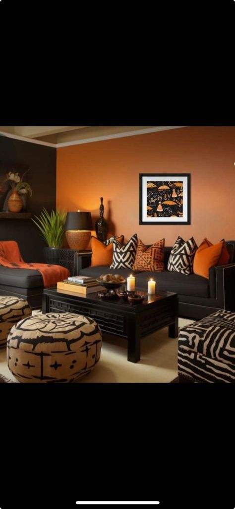 African Interior Design Living Rooms, White Living Room Colors, Orange Furniture Living Room, Burnt Orange Living Room Decor, Grey And Orange Living Room, Brown And Cream Living Room, Burnt Orange Living Room, Burnt Orange Decor, Orange Living Room