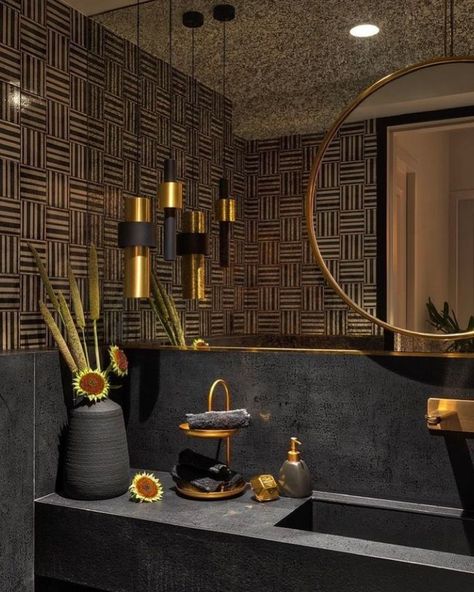 Black And Gold Modern Bathroom, Bath Black Cabinet, Black And Gold Theme Bathroom, Black Color Bathroom Ideas, Bathroom Accessories Gold, Small Powder Room Ideas Modern Luxury, Black Copper Bathroom, Modern Black And Gold Interior Design, Small Black And Gold Bathroom