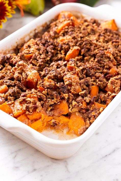 Easy Sweet Potato Casserole Quick Caramel Sauce, Sweet Potato Casserole Recipes, Healthy Sweet Potato Casserole, Potato Casserole Recipes, Easy Sweet Potato Casserole, Wyse Guide, Sweet Potato Casserole Easy, Easy Sweet Potato, Healthy Sweet Potato