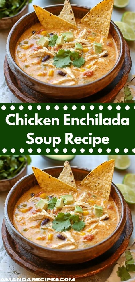 Need soup recipes easy? This Chicken Enchilada Soup Recipe is a perfect choice! It’s a quick and simple dinner idea that’s great for chicken meals or soup ideas. Ideal for busy nights and tasty chicken recipes. Copycat Chili's Chicken Enchilada Soup, Enchiladas Soup Recipe, Chicken Enchiladas Soup, Crockpot Enchilada Soup, Easy Chicken Enchilada Soup, Crockpot Chicken Enchilada Soup, Enchilada Chicken Soup, Cheesy Chicken Enchilada Soup, Tasty Chicken Recipes