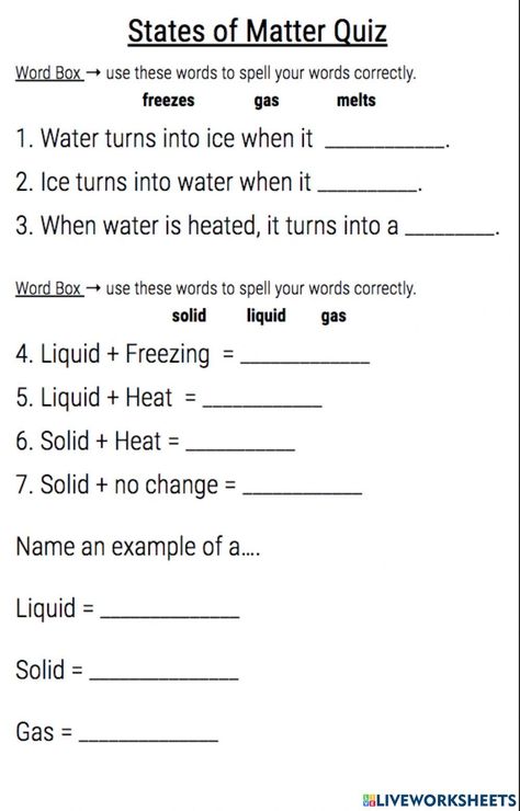 Changes In States Of Matter, Third Grade Science Worksheets, States Of Matter Worksheet, 6th Grade Worksheets, Science Homework, 5th Grade Worksheets, Educational Tips, Homework Worksheets, 2nd Grade Activities