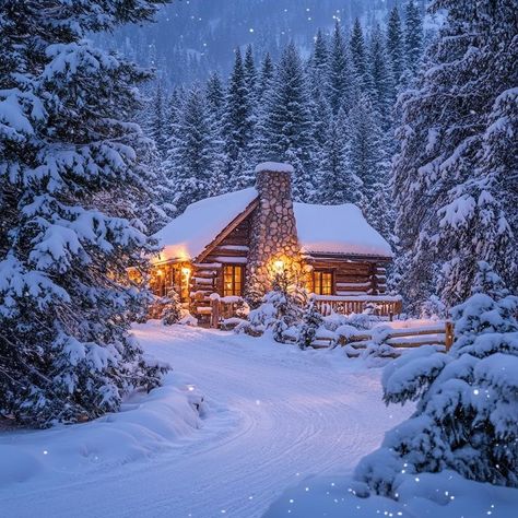 Cozy log cabin in snowy winter landscape with warm lights, stone chimney, and snow-covered path Cozy Winter Cabin, Cozy Log Cabin, Getaway Cabins, Winter Cabin, Snowy Winter, Timber House, A Log, The Hustle, Winter Scene