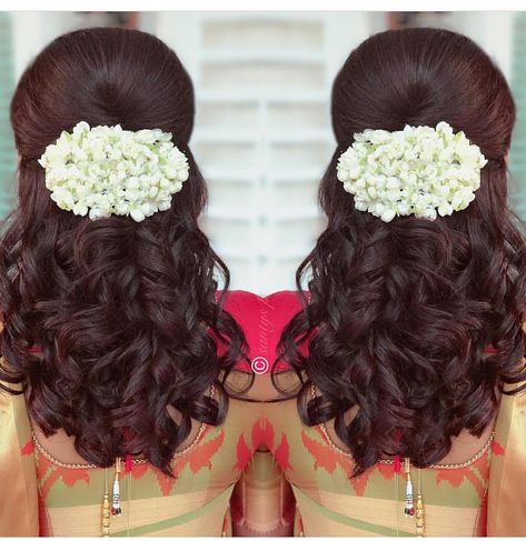 Tie The Thali Media Inc. on Instagram: “Don’t know how to do your hair for the next wedding you attend? How about these elegant curls with some jasmine flowers?!? #FloralFriday ||…” Jasmine Flower Hairstyle, Wedding Hairstyles Updo Messy, Elegant Curls, Hair Style On Saree, Engagement Hairstyles, Bridal Hairdo, Traditional Hairstyle, Bridal Hair Buns, Indian Wedding Hairstyles