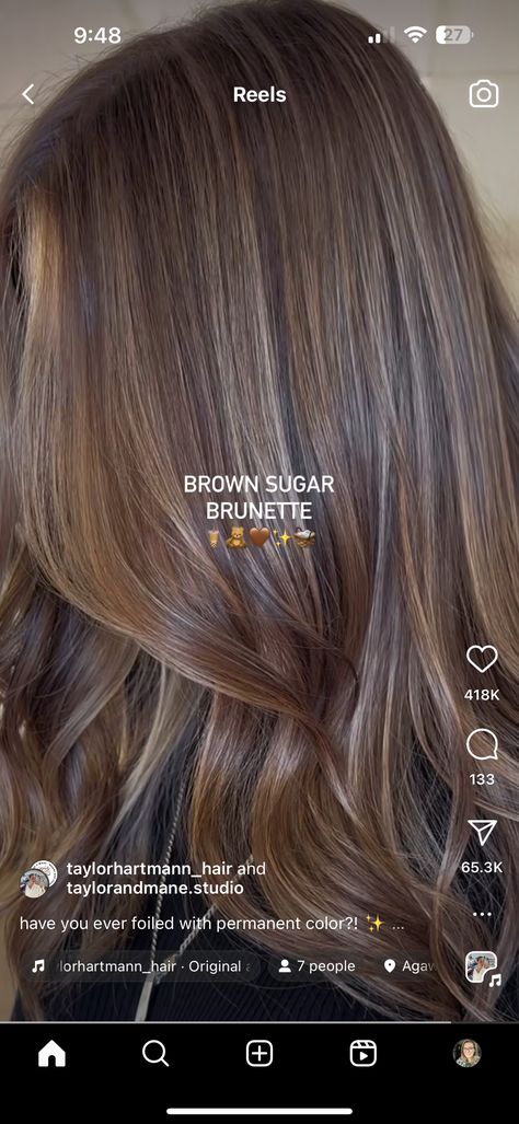 Dimensional Brunette Level 6, Dimensional Brunette Medium Brown, Partial Foils Brunette, Iced Mocha Hair Color, Brown Hair Subtle Balayage, Brunette With Dimensional Highlights, Neutral Brunette Balayage, Brown Hair Warm Highlights, Warm Brunette Highlights