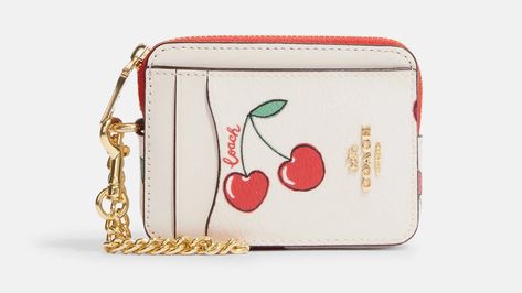 Coach Zip Card Case, Cherry Print, Wrist Strap, Card Case, Smooth Leather, 4 H, Slots, Credit Card, Cherry