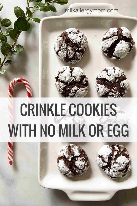 Chocolate Crinkle Cookies No Milk, No Egg | Milk Allergy Mom Eggless Chocolate Crinkle Cookies, Cookies No Eggs Easy, Milk Free Cookies, No Milk Cookies, Egg Free Christmas Cookies, Milk Allergy Recipes, Dairy Free Christmas Recipes, Pku Recipes, Chocolate Crinkles Recipe