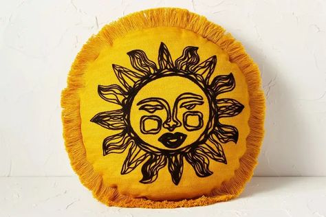 Jungalow Decor, Decorative Wall Sculpture, Embroidered Sun, Gold Backdrop, Fringe Pillows, Round Throw Pillows, Gold Pillows, Round Pillow, Lumbar Throw Pillow