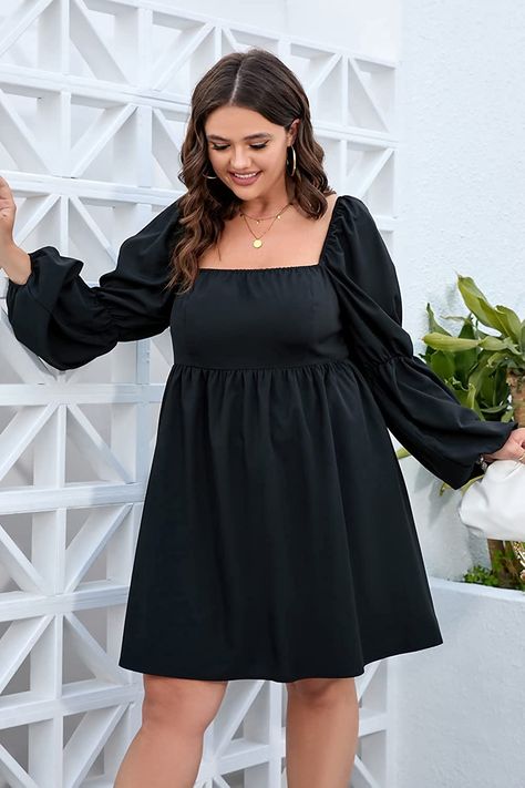 TINSTREE Womens Plus Size Square Neck Dress Long Puff Sleeve Flowy Swing A-Line Short Casual Mini Dress White at Amazon Women’s Clothing store Cute Dresses For Plus Size Women, Square Neck Dress Long, Prom Dress Ideas, Modern Royalty, Chic Summer Dresses, Elegant Summer Dresses, Casual Mini Dress, Elastic Waist Dress, A Line Shorts