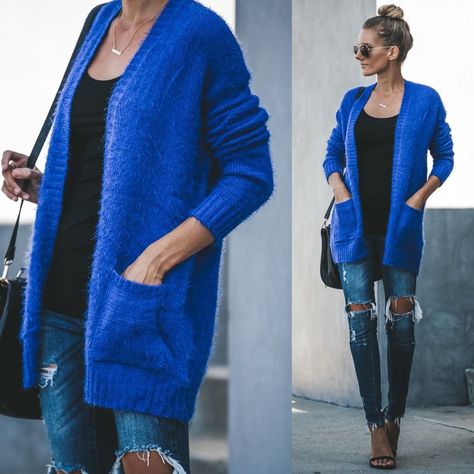 VICIDOLLS on Instagram: “NEW // STATEMENT SWEATER Blazin’ Pocketed Knit Cardigan – Royal Blue $56 Sizes S – L Set your wardrobe ablaze in our Blazin’ Pocketed Knit…” Royal Blue Cardigan Outfit, Short Cardigan Outfit, Blue Cardigan Outfit, Royal Blue Cardigan, Blue Sweater Outfit, Royal Blue Sweater, Packing Clothes, Blue Cardigan, Cardigan Outfits