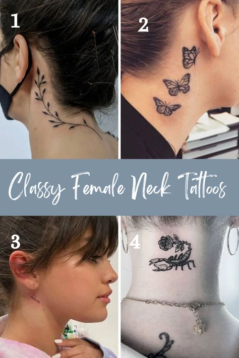 Should I Get Female Neck Tattoos? {We Say YES!} - TattooGlee Flower Tattoos On Neck For Women, Behind Ear To Neck Tattoo, Flower Side Neck Tattoos Women, Back Of Ear Neck Tattoo, Arm To Neck Tattoo, Back Of Neck Hair Line Tattoo, Small Feminine Neck Tattoos, Neck Ear Tattoos Women, Hairline Tattoo For Women Neck