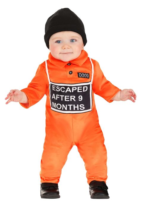 PRICES MAY VARY. Size: 12/18 Months 100% polyester Soft velour jumpsuit has back zipper Snaps along inseams for diaper access Front has embroidered buttons below collar, printed "0009" patch, & sign that reads "ESCAPED AFTER 9 MONTHS" There's a little thief on the loose looking to steal snuggles, and this unique Prisoner Costume for Babies is sure to make getting those cuddles easy! The costume jumpsuit is made of orange velour and zips in the back. Snaps along the inseam offer easy diaper acces First Halloween Costume Boy, Prison Aesthetic, Inmate Costume, Old Halloween Costumes, Prisoner Costume, Newborn Halloween Costumes, First Halloween Costumes, Embroidered Buttons, Addams Family Costumes