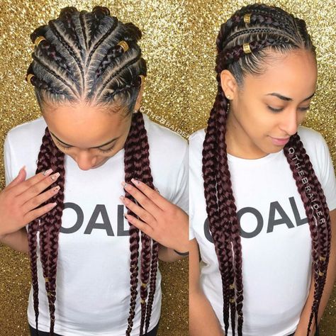 Burgundy-Tinted Goddess Braids Two Goddess Braids, Goddess Braid Styles, Feed In Braids Hairstyles, Goddess Braids Hairstyles, Long Box Braids, Feed In Braid, Two Braids, Girls Braids, Penteado Cabelo Curto