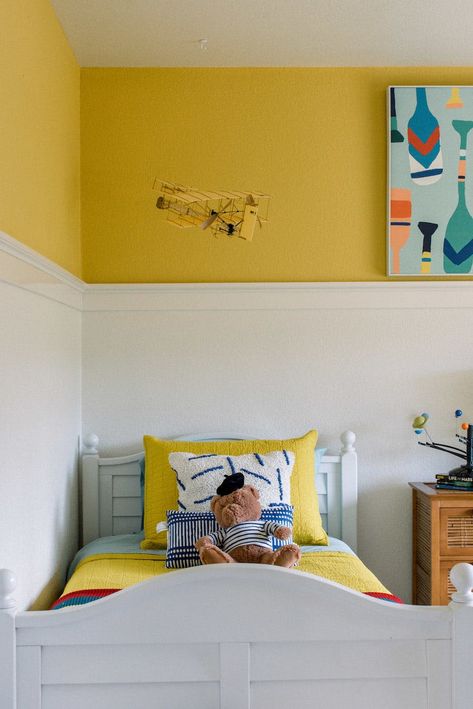 Nursery Yellow Walls, Kids Yellow Bedroom, Boys Yellow Bedroom, White House Green Door, Yellow Toddler Room, Yellow Childs Bedroom, Yellow Kids Room Girl, Yellow Childrens Bedroom, Yellow Painted Rooms