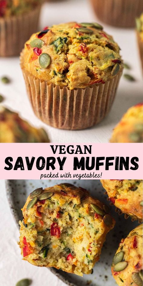 These vegan savoury muffins are moist, packed with vegetables, and come together in one bowl! You can easily customise these muffins to suit your own tastes. Healthy Savoury Snacks, Lunch Muffins, Savoury Breakfast Muffins, Vegan Savoury Muffins, Chickpea Muffins, Muffins Chocolate Chip, Vegan Breakfast Muffins, Elderly Crafts, Savoury Breakfast