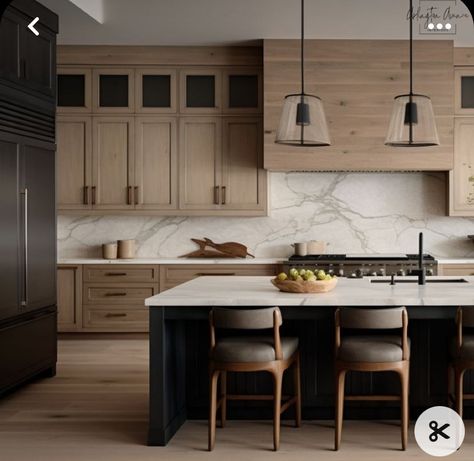 Woody And Black Kitchen, White Oak Kitchen Black Island, White Rift Oak Kitchen Cabinets, White Oak Cabinets With Black Hardware, Natural Wood And Black Kitchen, Black Island Wood Cabinets, Wood Tones Kitchen, 2 Story Kitchen, Black And White Oak Kitchen