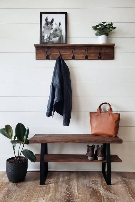 Small Wood Bench Entry Ways, Entryway Rack And Bench, Entry Bench With Hooks, Small Entryway Wall Decor, Front Door Bench Entryway, Entry Bench Decor Entryway, Small Bench Entryway, Entry Alcove, Functional Entryway Ideas