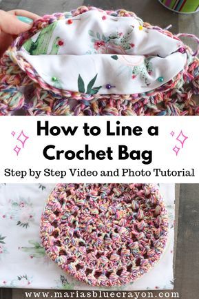 Learn how to add a fabric lining to a crochet bag with this step by step video AND photo tutorial on Maria's Blue Crayon blog. #crochet #bag #lining #howto Line A Crochet Bag, Tote Crochet, Blue Crayon, Free Crochet Bag, Confection Au Crochet, Crochet Bag Pattern Free, Crochet Tips, Crochet Market Bag, Crochet Clutch