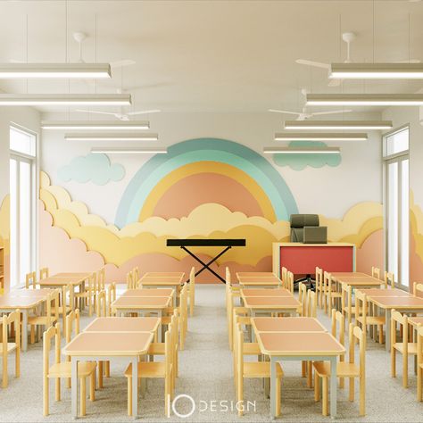 Class Interior Design, Playschool Classroom Design, Art Class Interior Design, Kindergarten Wall Design, Kindergarten Kitchen, Kindergarten Classroom Interior, Kindergarten Classroom Design Ideas, Classroom Interior Design, School Interior Design Classroom