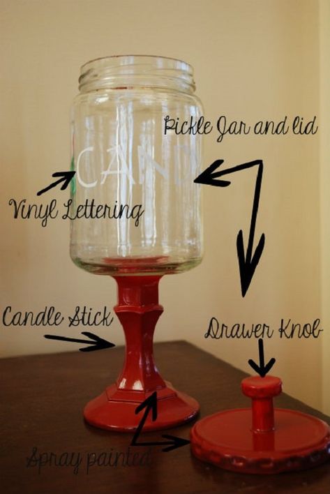 DIY Candy Jar Diy Candy Jars Dollar Stores, Candy Cane Mason Jar, Large Pickle Jar Ideas Diy, Diy Candy Jars Ideas, Dollar Tree Candy Jar Ideas, Diy Christmas Candy Jars, Large Pickle Jar Ideas, Wooden Candlesticks Diy, Pickle Jar Crafts