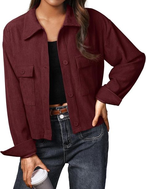 IWOLLENCE Women's Cropped Shacket Jacket Fashion Button Down Corduroy Shacket Jackets Casual Crop Shirts Fall Coat Tops - thanksgiving outfit women Shacket Women, Cropped Shacket, Corduroy Shirt Jacket, Corduroy Texture, Corduroy Shacket, Thanksgiving Outfit Women, Jacket Making, Jackets Casual, Womens Jackets Casual