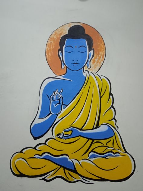 Painting of Lord Buddha on wall using acrylic painting. Buddha On Wall, Sitting Painting, Buddha Wall Painting, Buddhist Artwork, Lord Buddha, Art World, Fine Art Painting, Cute Wallpapers, Wall Painting