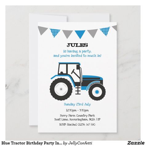 Blue Tractor Birthday Party, Tractor Party Favors, Birthday Thank You Notes, Tractor Birthday Party, Tractor Party, Birthday Invitations Diy, Diy Invitation, Tractor Birthday, Birthday Party Invite