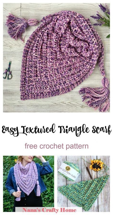 The So Long Summer Crochet Triangle Scarf is a free crochet pattern for a beautifully textured yet so easy comfy triangle scarf!  Made with squishy soft cotton yarn for a comfy and soft feel.  Textured ridges and easy to memorize stitch repeat.  #nanascraftyhome #crochet #crochetscarf Crochet Triangular Scarf Pattern Free, Sensory Crochet, Crochet A Triangle, Crochet Triangle Scarf Pattern, Scarf Free Pattern, Crochet Triangle Shawl, Crochet Prayer Shawls, Modern Scarf, Crochet Triangle Scarf