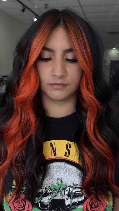 Red Split Dye Hair, Orange Ombre Hair, Hair Color Orange, Split Dyed Hair, Black Hair Dye, Money Piece, Hair Masks, Orange Ombre, Unique Hair